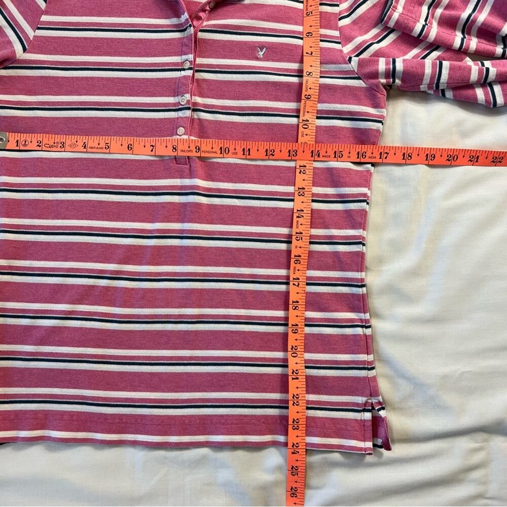 American Eagle Pink Stripe Long Sleeve Polo Shirt Stretch Y2K L Vintage - Picture 5 of 7